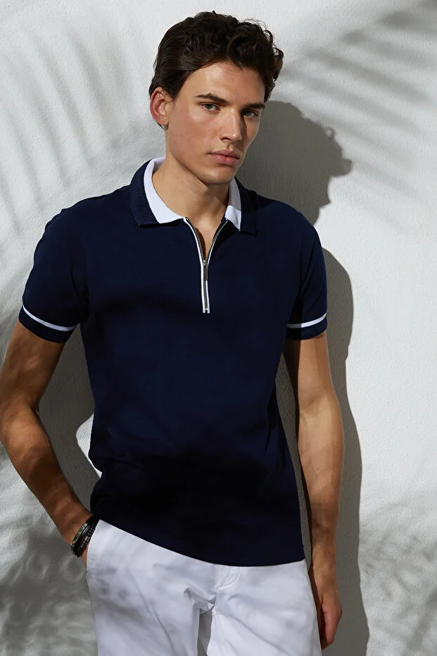 Erkek Slim Fit Dar Kesim %100 Pamuk Düz Pike Fermuarlı Haki Polo Yaka Tişört